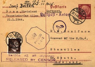 Письмо из Бонна в Ирландию со штампами военной цензуры Германии, Великобритании и Ирландии. 22.01.1944 г.