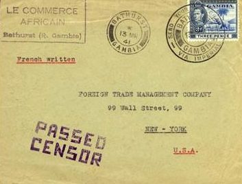 Письмо из Гамбии в Нью-Йорк со штампом «Прошел цензуру». 13.03.1941 г.