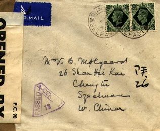 Письмо из Северной Ирландии (Белфаст) в Китай. Прошло транзитную цензуру в Бирме (фиолетовый треугольный штамп). 03.03.1941 г.
