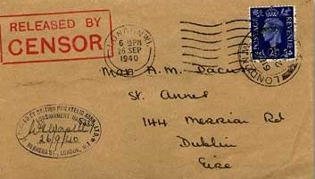 Письмо из Лондона в Дублин со штампом военной цензуры. 26.09.1940 г.