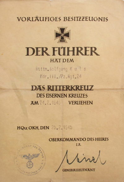 Наградной лист к Дубовым листьям к Рыцарскому кресту Железного креста