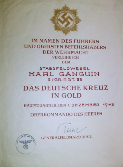 Наградные листы к ордену Немецкий крест в золоте.