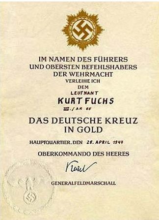 Наградные листы к ордену Немецкий крест в золоте.