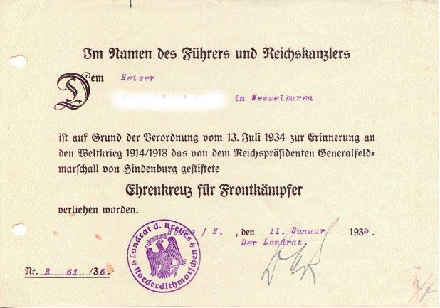 Наградные листы к Почётному кресту за мировую войну 1914-1918 (крест Гинденбурга).