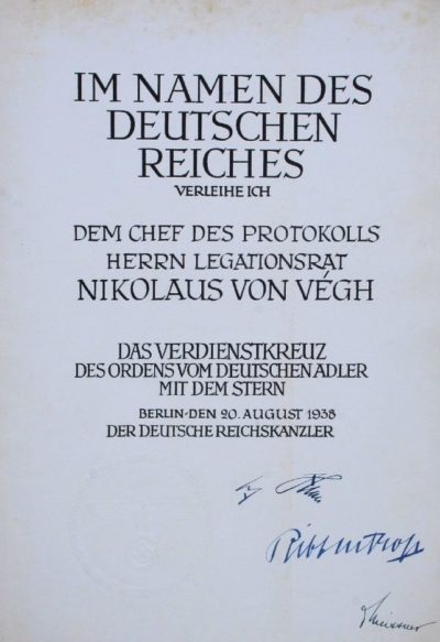 Наградной лист к ордену «Немецкого Орла» со звездой