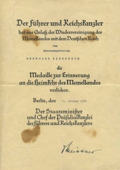Наградной лист к медали «В память 22 марта 1939»