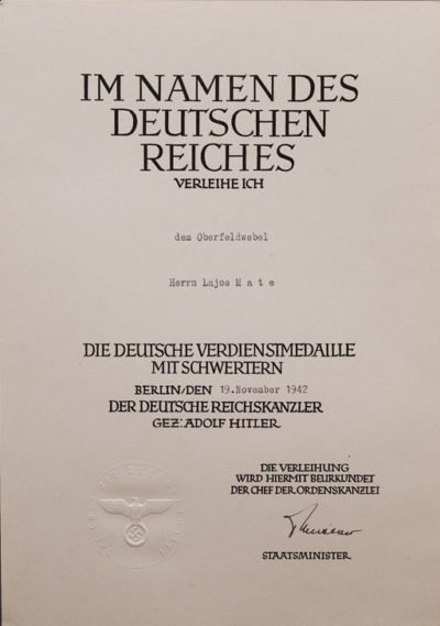 Наградной лист к Немецкой медали за заслуги Ордена немецкого Орла