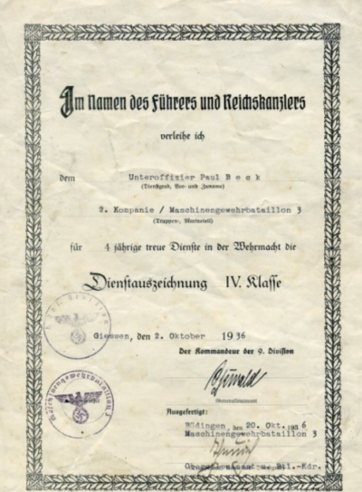 Наградные листы к медали «За верную службу в Вермахте» 4-года выслуги.
