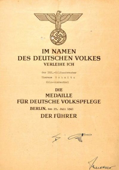 Наградной лист к Почётному кресту «За заботу о немецком народе»