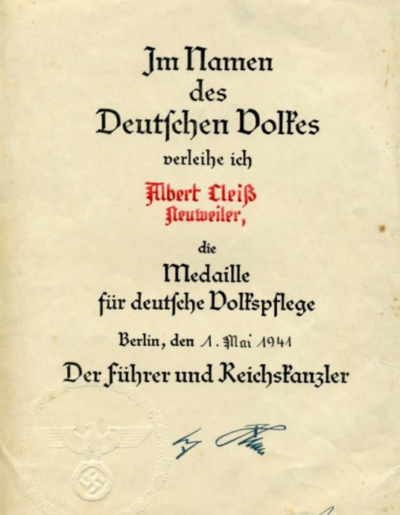 Наградной лист к медали «За заботу о немецком народе»