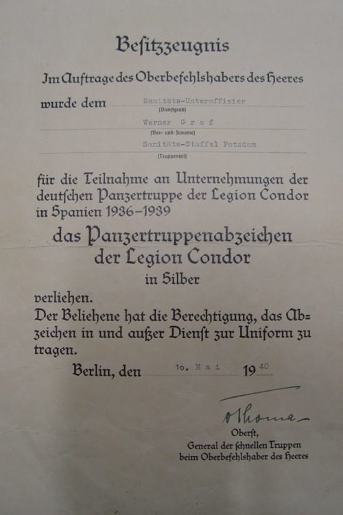 Наградной лист к знаку бронетанкового легиона «Кондор»