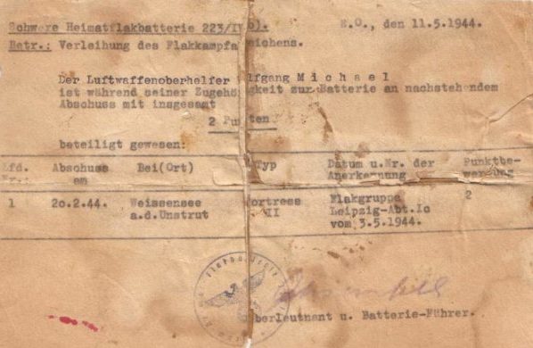 Справка о получении 2 балов за сбитый самолет для присуждения знака «Зенитная артиллерия Люфтваффе»