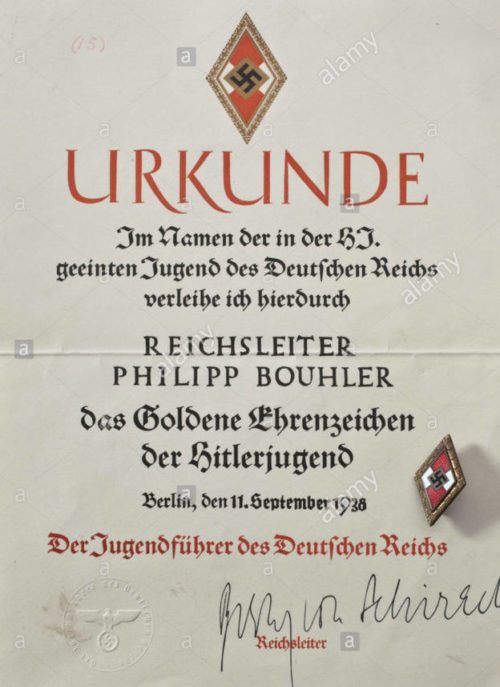 Наградной лист к золотому значку Гитлерюгенд