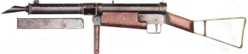 Пистолет-пулемет STEN Mk-I с откинутой передней ручкой