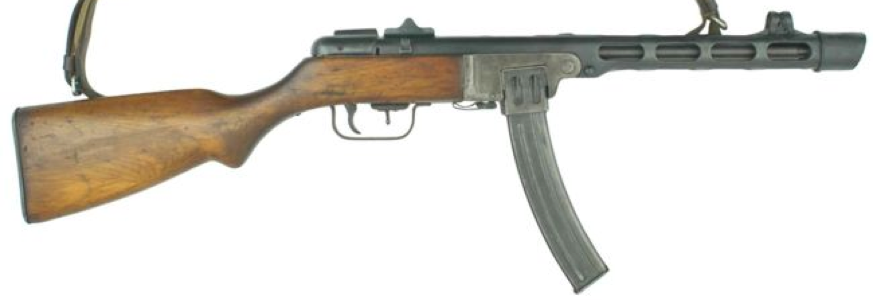 Вверху пистолет-пулемет ППШ-41 с рожковым
