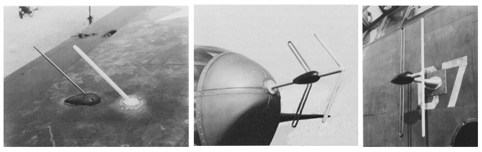 Антенны авиационной РЛС SCR-540, установленные на Р-70. Слева направо: приемная антенна на крыле, передающая антенна на носу фюзеляжа, приемная антенна на борту фюзеляжа