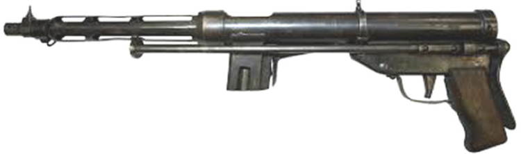 Вверху-пистолет-пулемет TZ-45 без магазина со сложенным прикладом