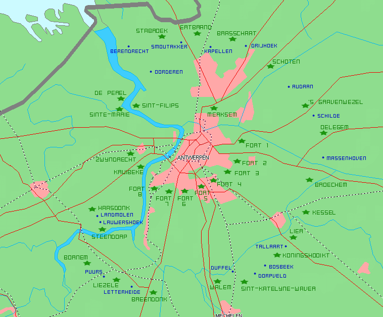 Карта-схема укреплений Антверпена. Зеленым шрифтом обозначены форты, синим – редуты и опорные укрепленные пункты.