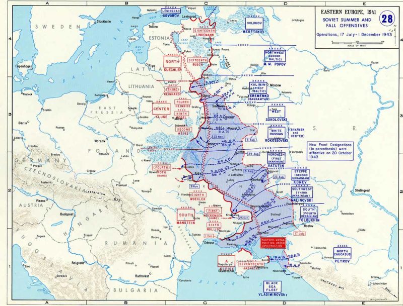 Карта Восточного фронта в июле-декабре 1943 года. Линия Пантера - Вотан указана красным зигзагом.