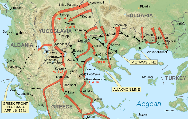 Карта битвы за Грецию и размещения оборонительных линий.