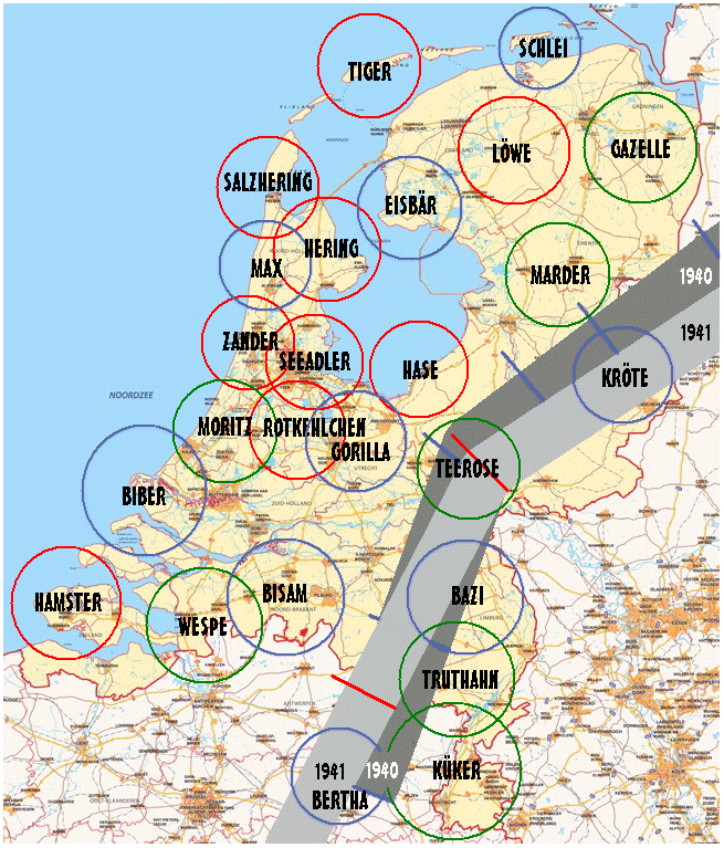 Зоны Линии Каммхубера в Нидерландах (1940 и 1941 гг.). Красным цветом обозначены радары первой очереди строительства, синим – второй, зеленым – третьей.