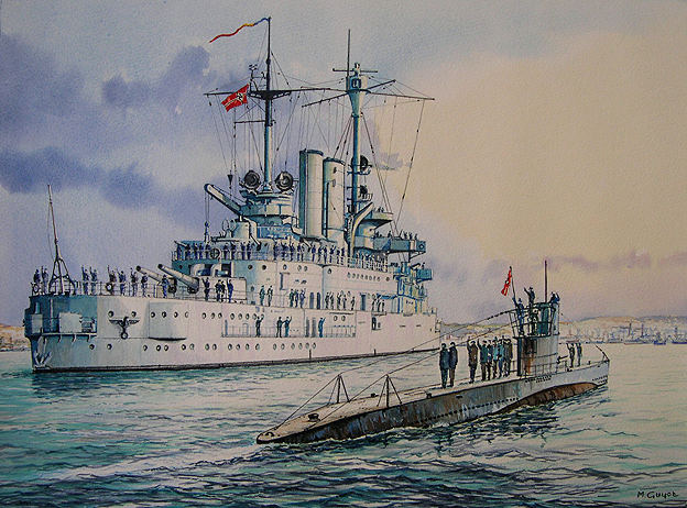 Guyot Michel. Подлодка U-47 на фоне броненосца.