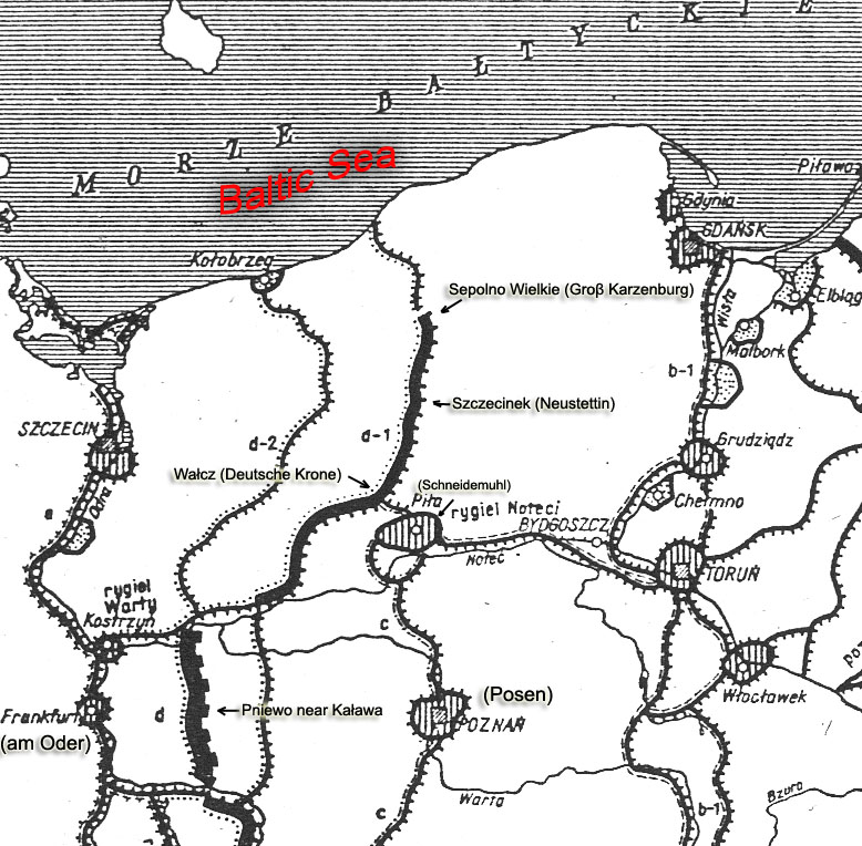Схема расположения оборонительных линий Померанского вала.