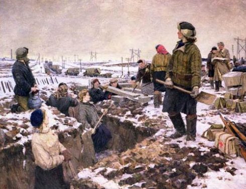 Осенев Николай. Комсомольцы на строительстве оборонительных рубежей под Москвой. 