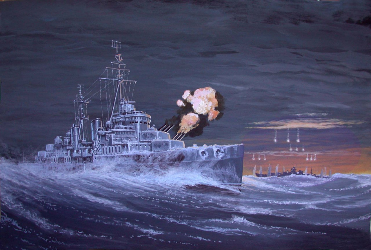 Ярулин Тимур. Крейсер «Белфаст» ведет огонь осветительными снарядами по германскому линкору «Шарнхорст».