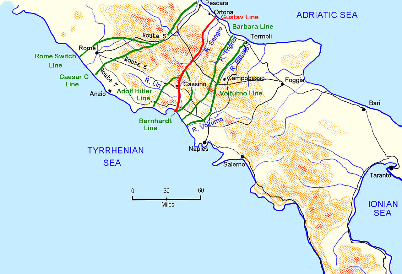 Карта-схема немецких оборонительных линий в центральной Италии.