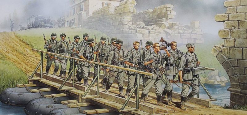 Dennis Peter. Немецкая пехота на понтонном мосту.