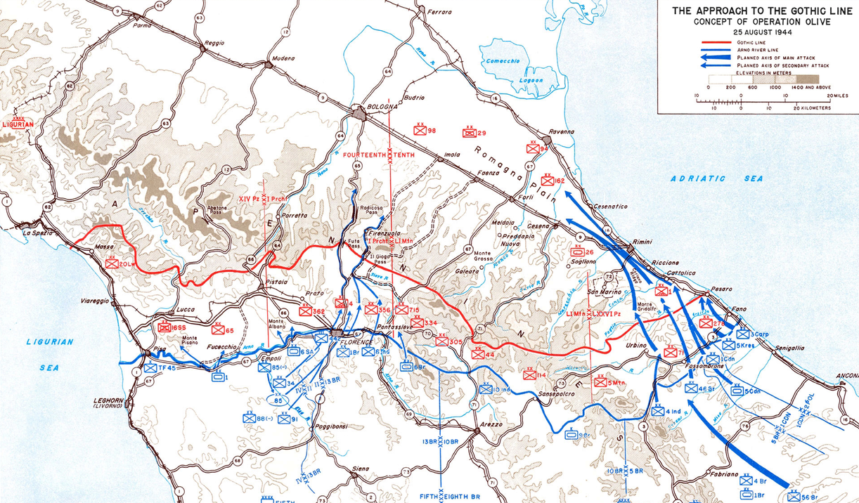 «Готская линия», август 1944 года и план операции «Оливия». Синие стрелки показывают крупные атаки союзников.
