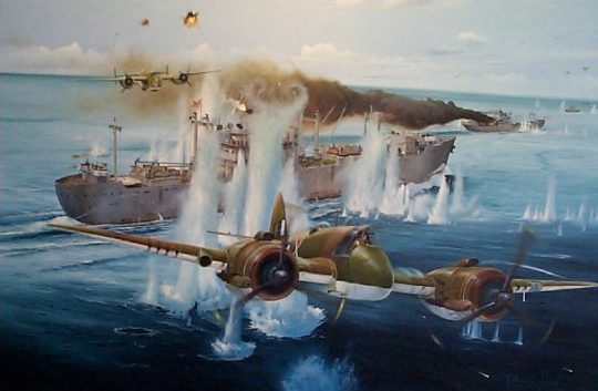 Wilson Randall. Бомбардировщик В-25 атакует линкор Bismarck.