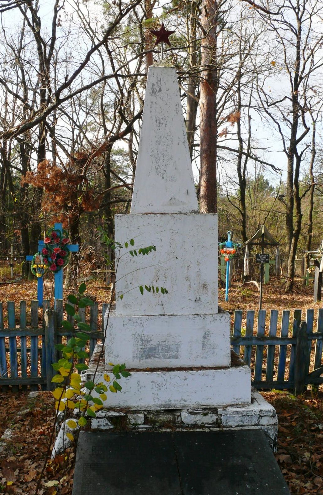 с. Плютовище, Чернобыльская зона отчуждения. Братская могила воинов 6 гвардейской стрелковой дивизии, погибших в октябре 1943 г. Всего захоронено 50 воинов. 
