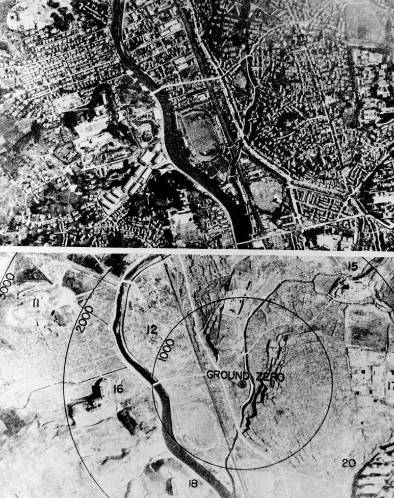 Нагасаки до и после взрыва. 9 августа 1945 г.