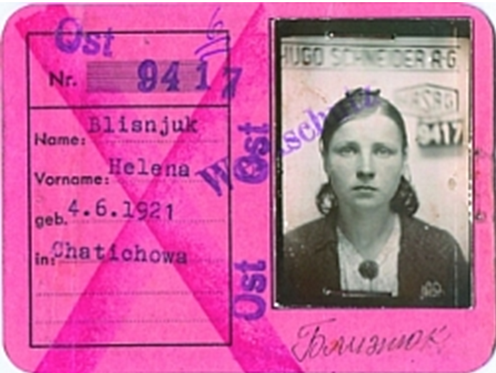  Пропуск № 9417 Близнюк Елены, 1921 года рождения, работницы завода «Hasag» в г.Альтенбурге. Выписан 27.06.1944 г.