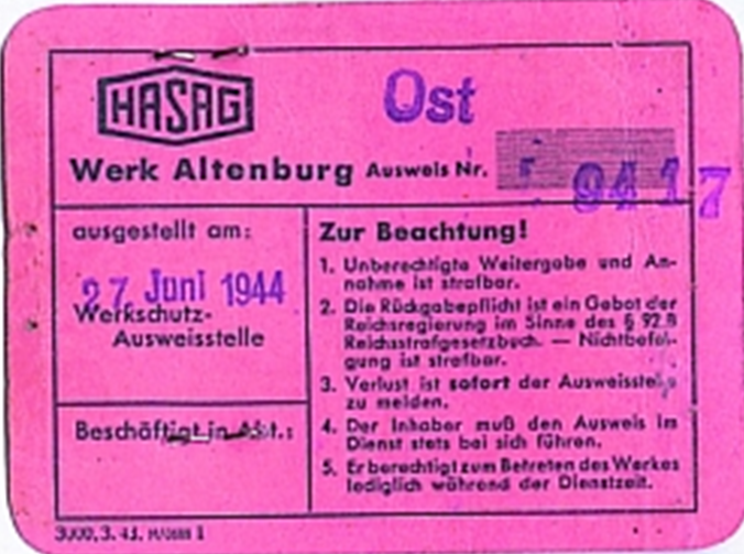  Пропуск № 9417 Близнюк Елены, 1921 года рождения, работницы завода «Hasag» в г.Альтенбурге. Выписан 27.06.1944 г.