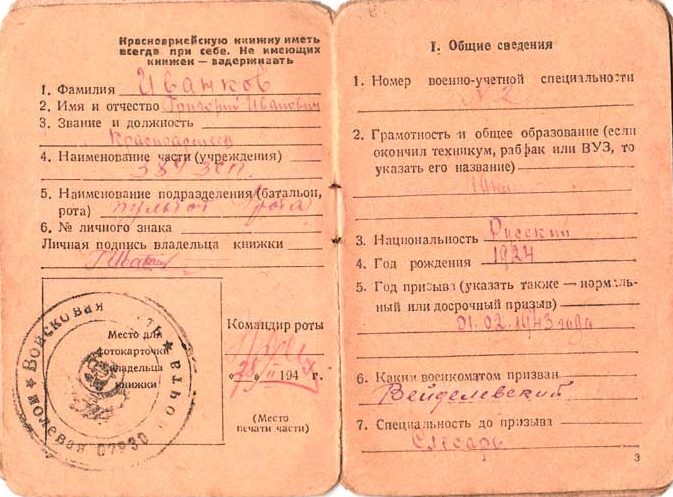 Книжка красноармейская Иванкова Г.И., 1944 г.