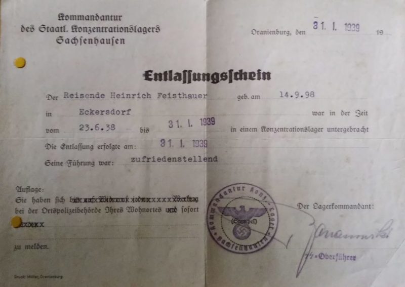 Сопроводительный документ на заключение в концлагерь Заксенхаузен.