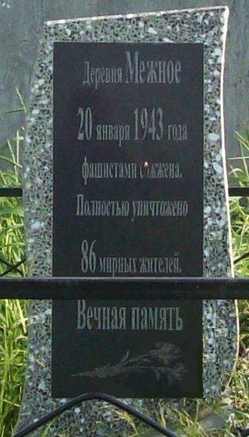 д. Межное Осиповичского р-на. Памятник был установлен в 1983 году на братской могиле, в которой похоронено 86 мирных жителей, сожженных 20 января 1943 года.