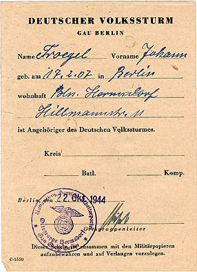Удостоверения члена Фольксштурма - вкладыш в любой документ, удостоверяющий личность. Вкладыш выдан в Гау Берлина.