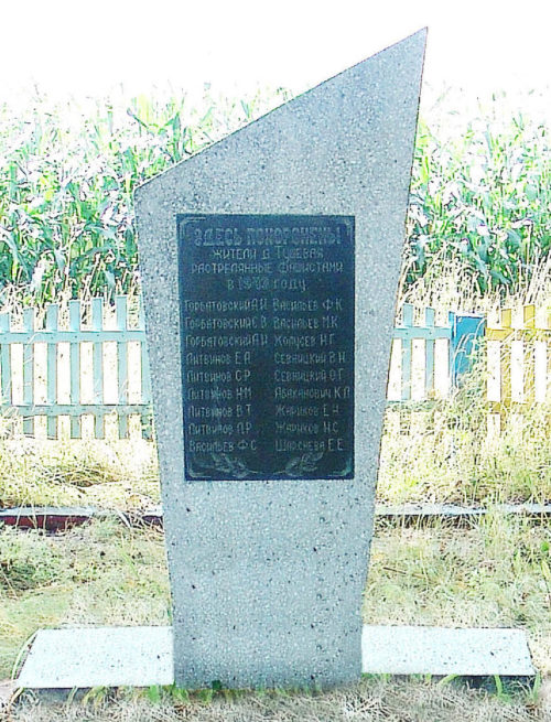 д. Тушевая Горецкого р-на. Памятник, установленный на братской могиле, в которой похоронено 18 советских воинов.
