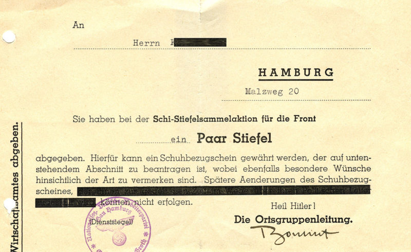 Квитанции национал-социалистической Немецкой рабочей партии в получение сапог от населения. Гамбург. 1943 г.