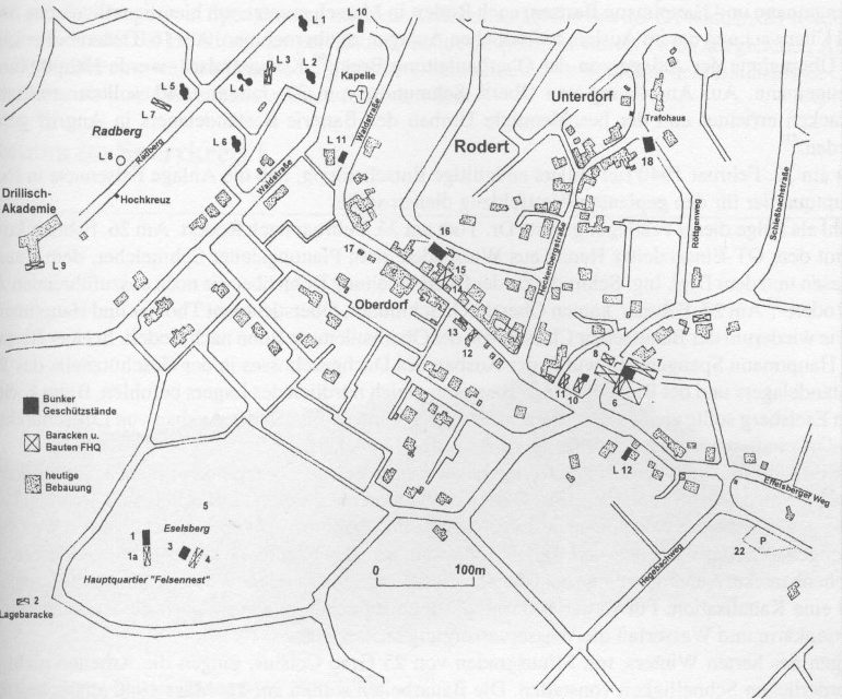 Карта расположения штаб-квартиры «Felsennest» у деревни Роддер.