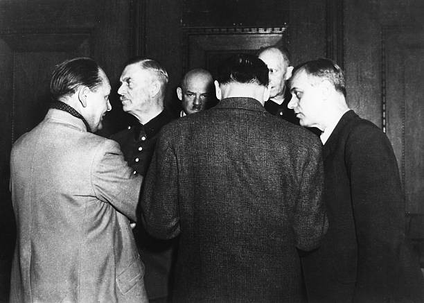 Альфред Йодль, Герман Герин, Вильгельм Кейтель и Дитрих Заукен на Нюрнбергском процессе. 1946 г.