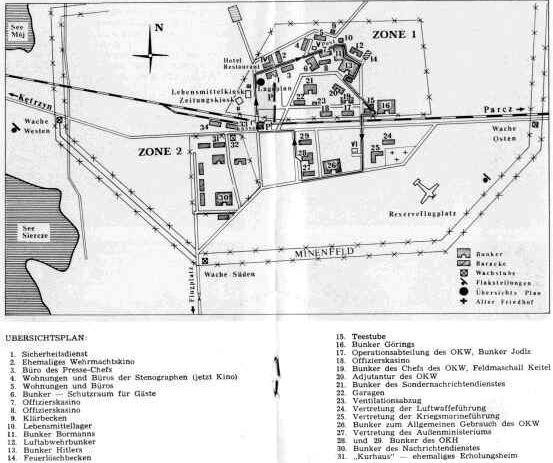 Схема размещения основных объектов в «Волчьем логово». Бункер Гитлера имел №13.