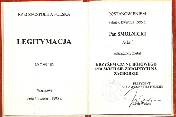 Удостоверение о награждении Крестом боевого действия польских вооруженных сил на Западе. 