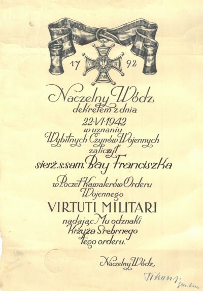 Документ о награждении серебряным крестом Virtuti Militari, подписанный в 1942 году В. Сикорским.