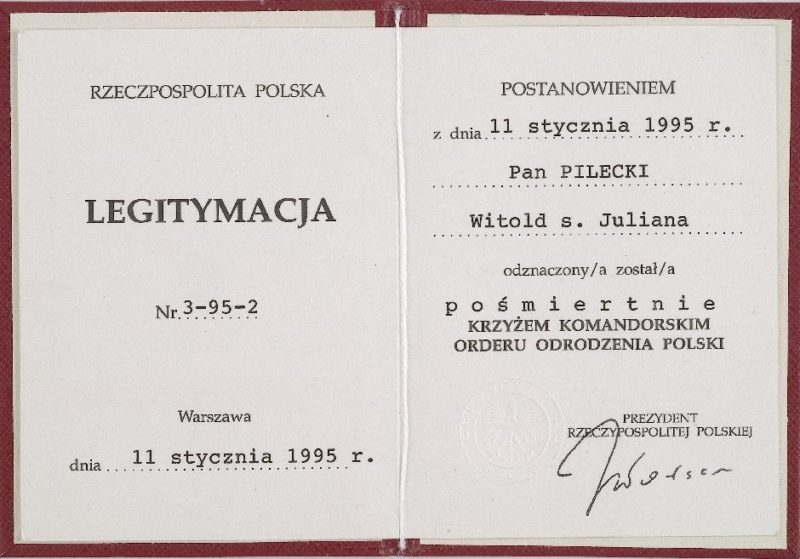 Удостоверение о награждении Командорским Крестом ордена Возрождения Польши.
