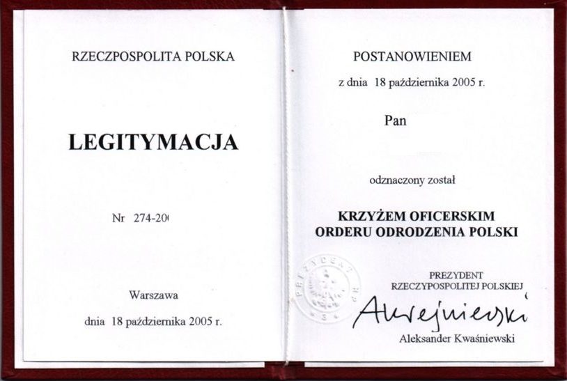 Удостоверение о награждении Офицерским Крестом ордена Возрождения Польши.